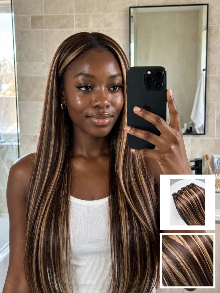 Bone Straight Chestnut Brown & Honey Blonde Highlights Raw Human Hair Weave