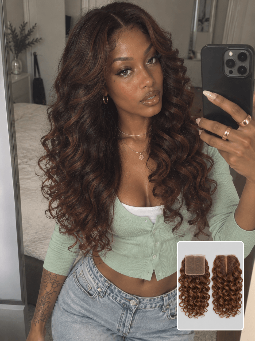 7x7 HD Lace Closure Bouncy Curly Brown 3 Bundles Deals Human Hair