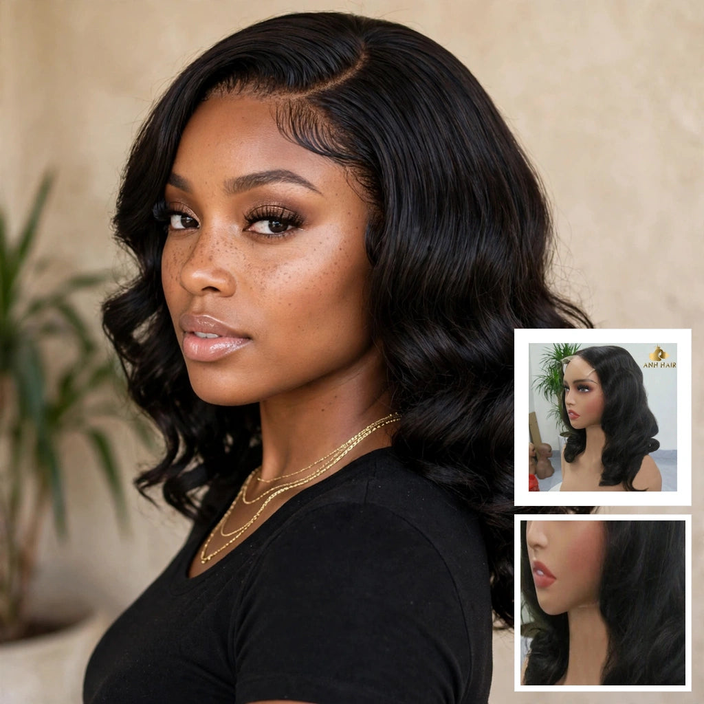 Bouncy wavy lace closure wig 12 inch natural color