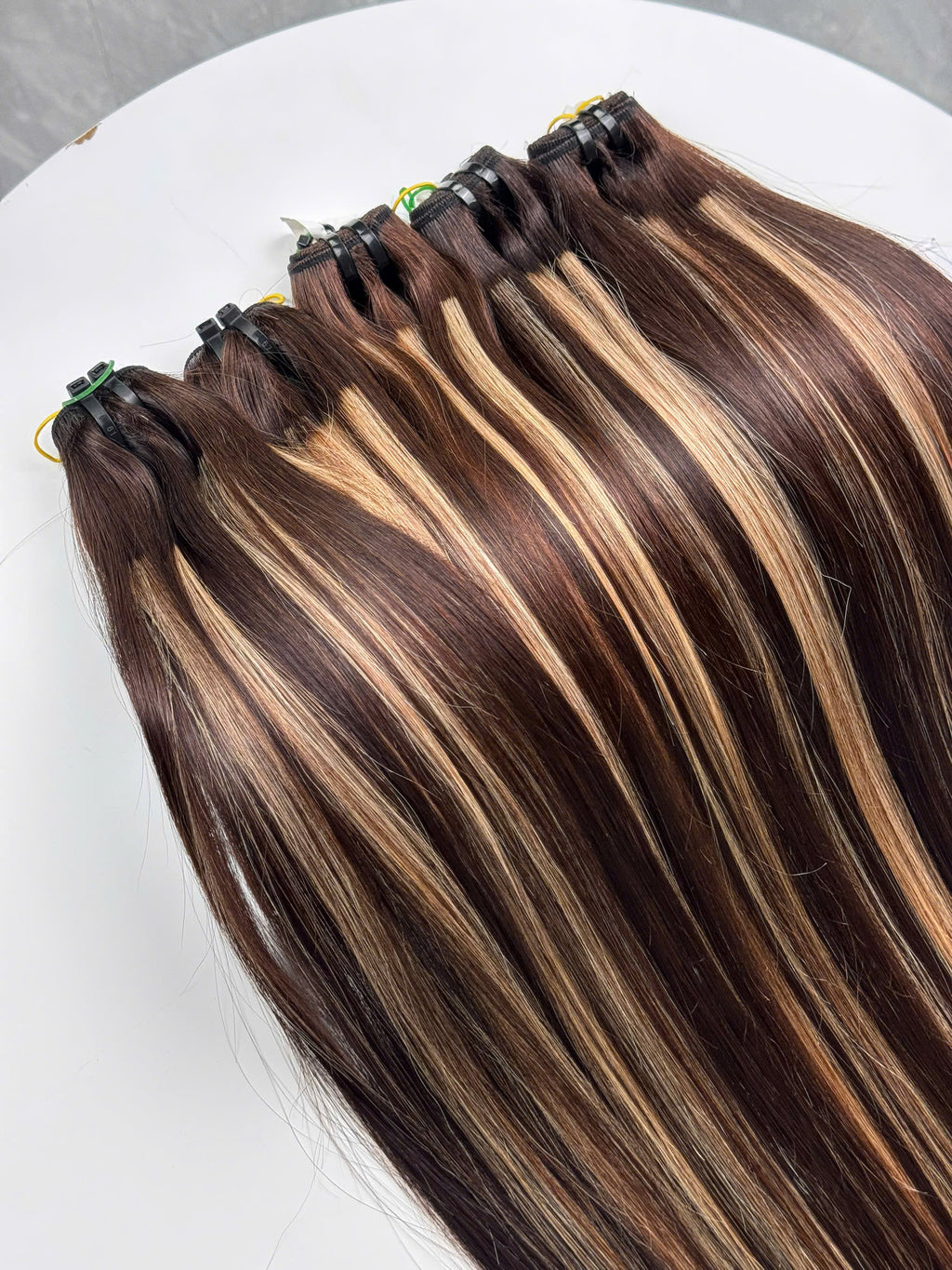 Premium Dark Chestnut Brown and Honey Blonde Highlighted Weft Hair Extensions
