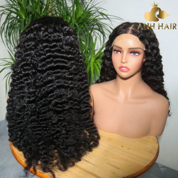 Deep Wave Lace Front Wig Small Natural Black 100% Vietnamese Human Hair 250% Density Transparent Lace Glueless Pre-Plucked