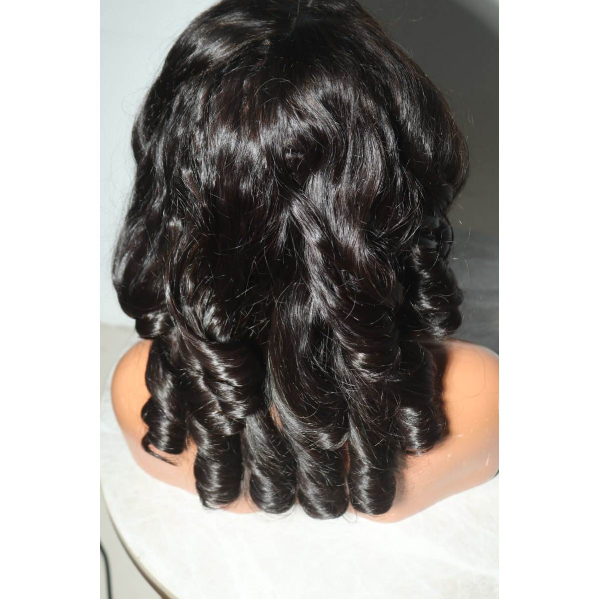 Natural Black Curly Double Drawn Tangle-Free Lace Front Vietnamese Virgin Human Hair Pre Plucked Glueless Mid Length Wig