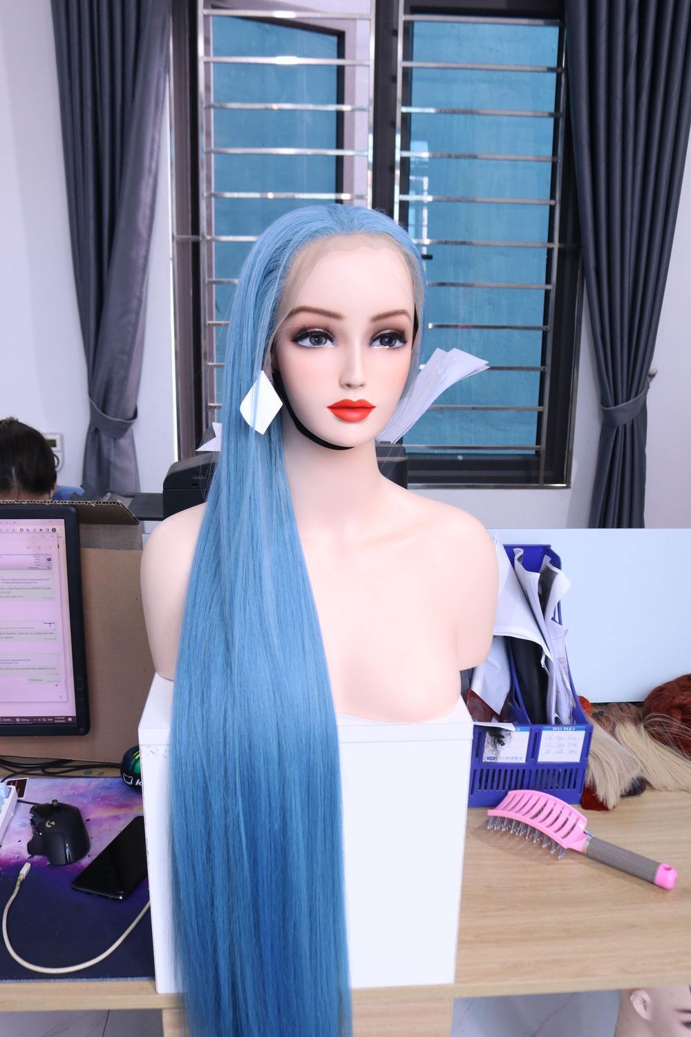 Straight Lace Front Wig – Ice Blue Color 32 inches with Frontal 13×6 Color dyed (Light chemical processed) Premium Quality