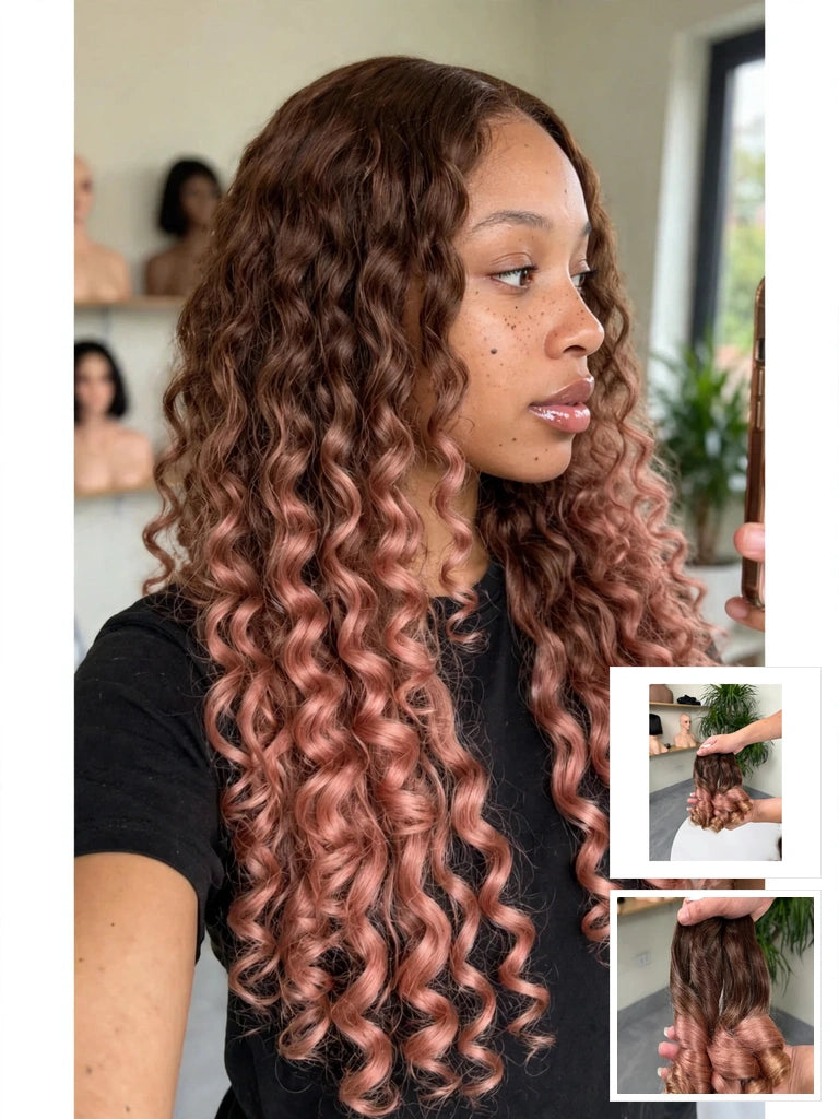 13x4 HD Lace Frontal Deep Curly Ombre Brown to Rose Gold 3 Bundles Deals Human Hair