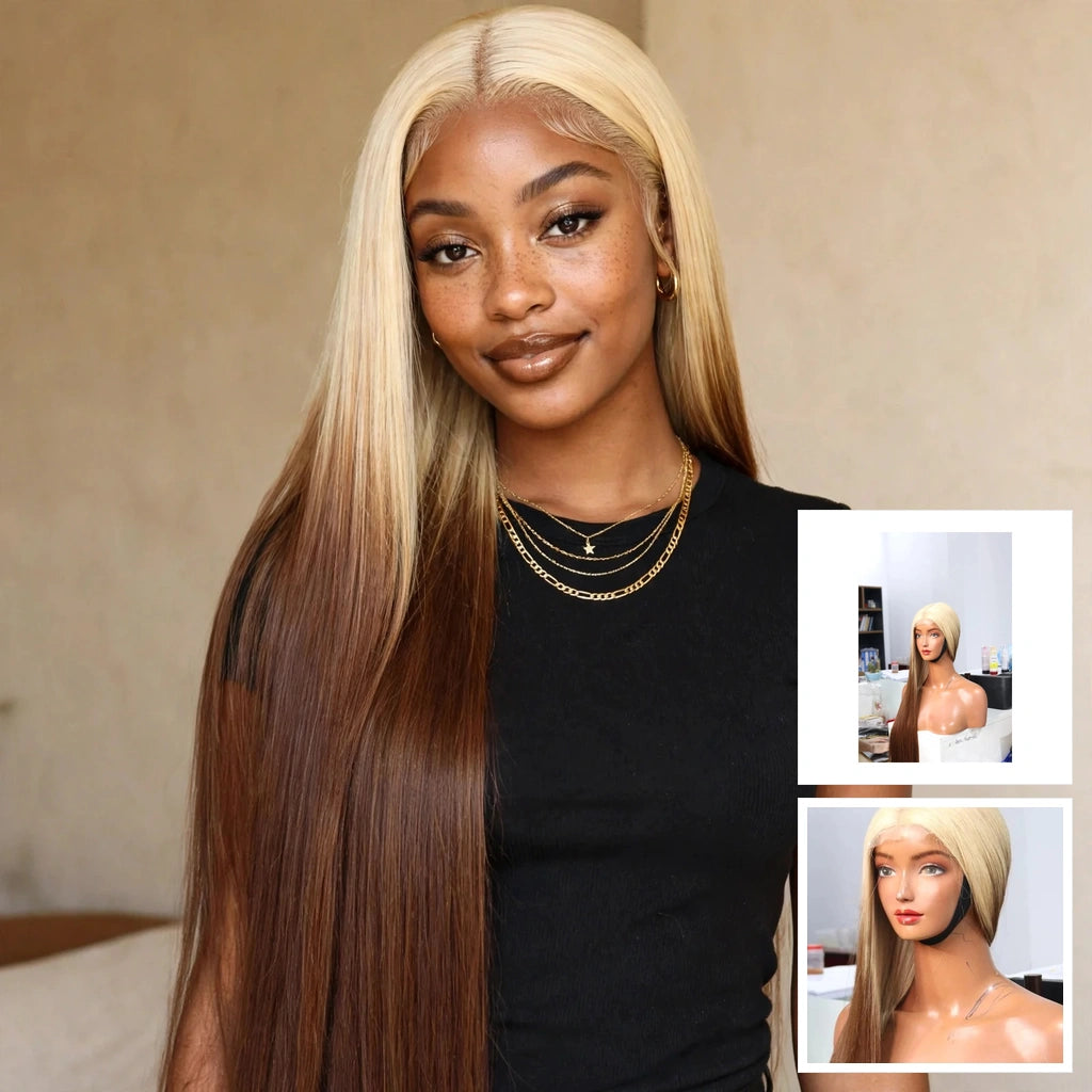 Straight ombre wig blonde and chestnut 24 inch