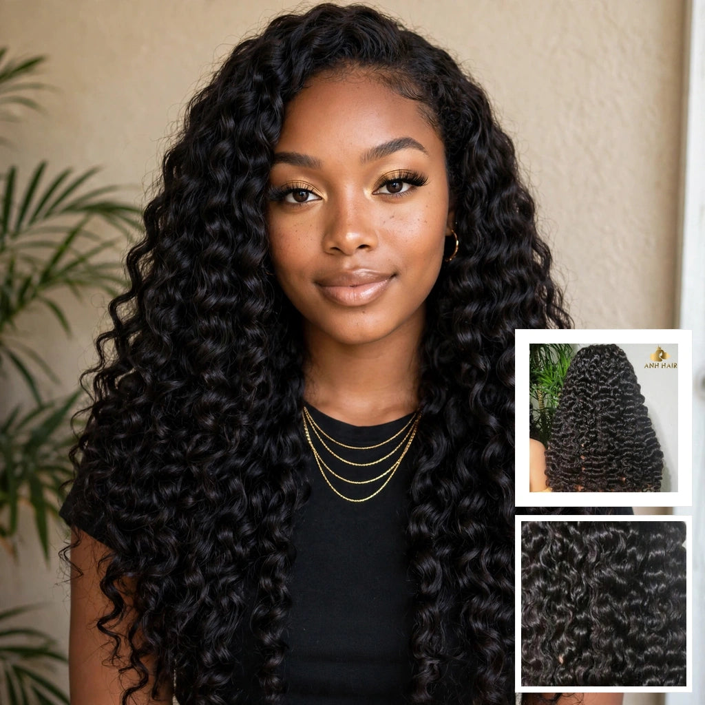 Deep wave lace front wig natural black 250 density