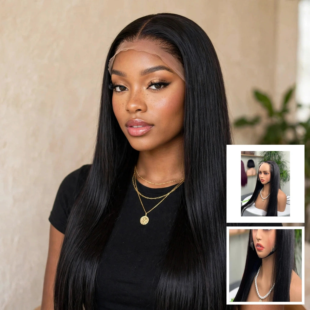 Natural black bone straight lace front wig 13x4