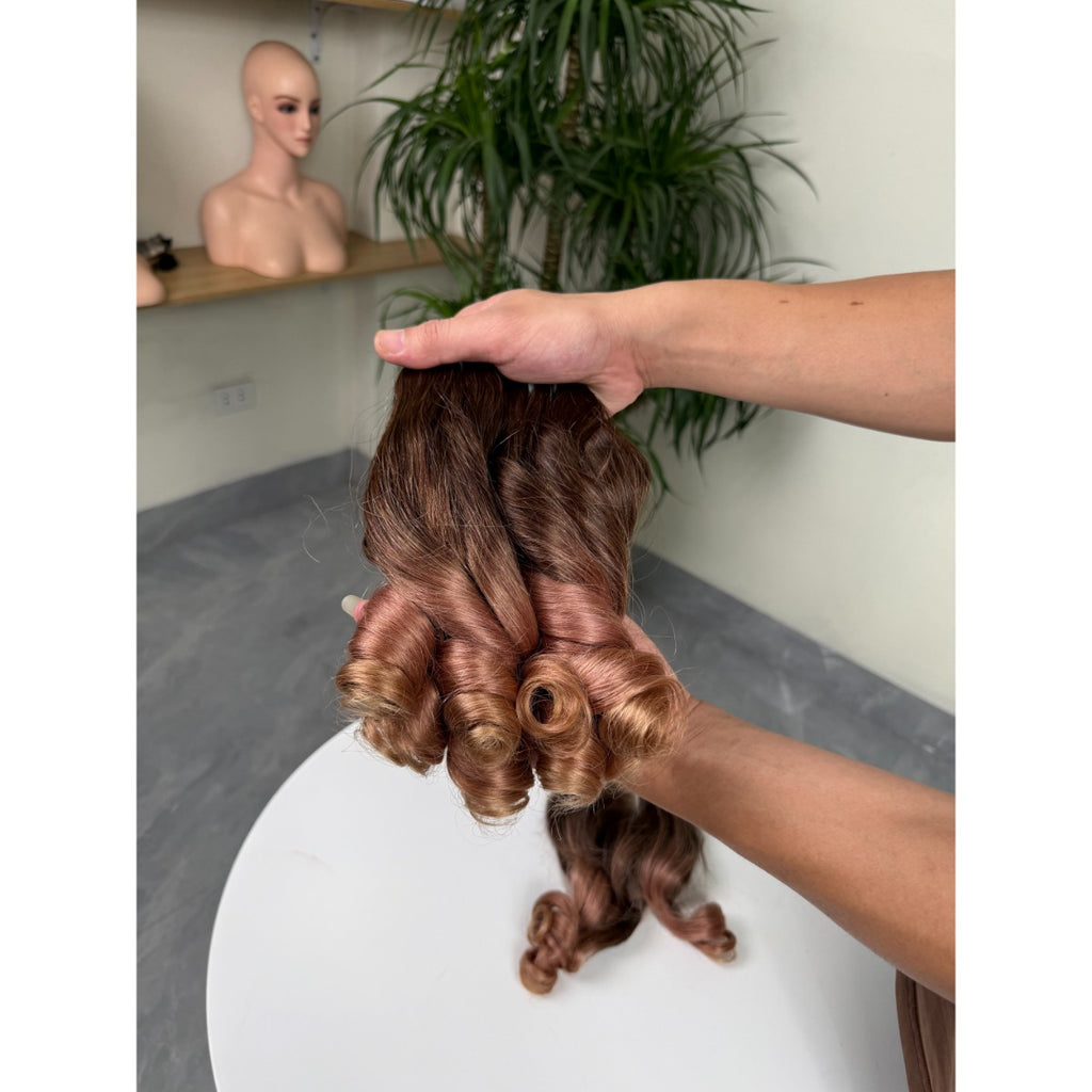 Ombre Brown to Rose Gold Spiral Curl Human Hair Bundles with Closure