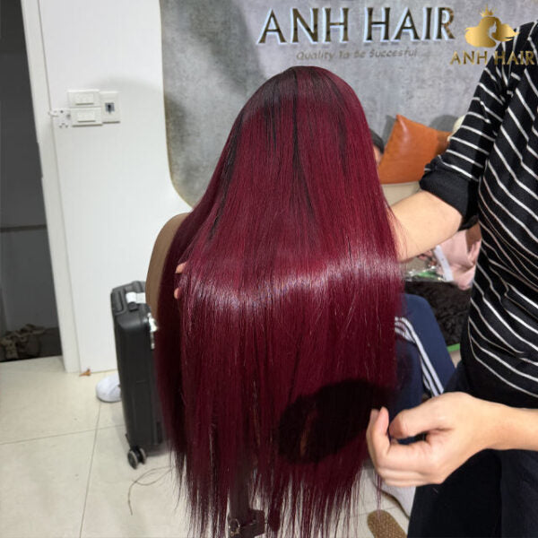 Burgundy Straight Lace Front Wig Dark Root 99J Glueless Vietnamese Remy Human Hair Full Volume Long Wig Wholesale