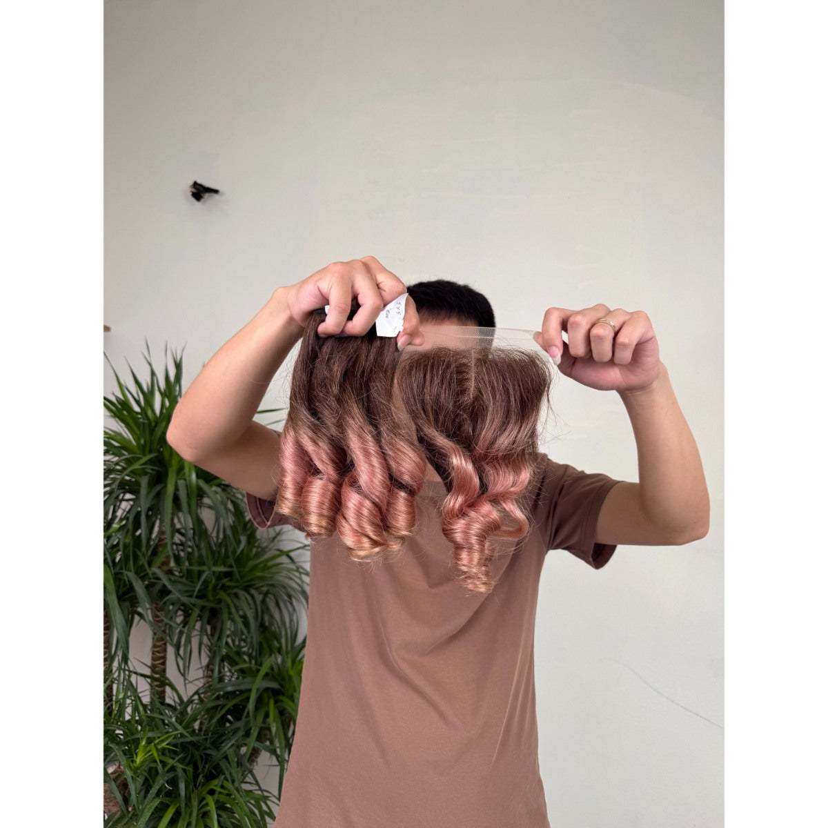 Ombre Brown to Rose Gold Spiral Curl Human Hair Bundles with Closure