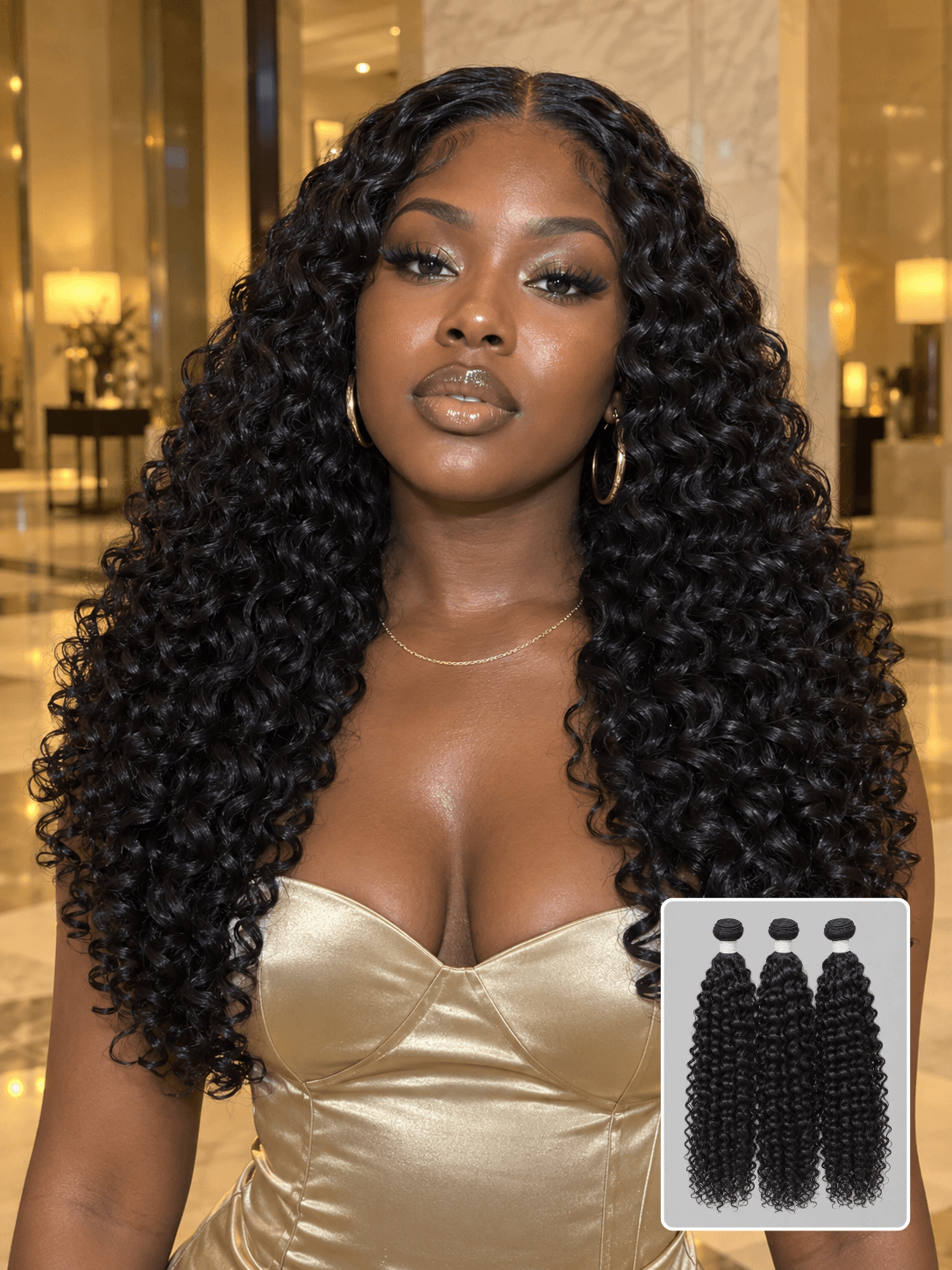 Deep Curly Natural Black 3 Bundles Deals Raw Human Hair Weave